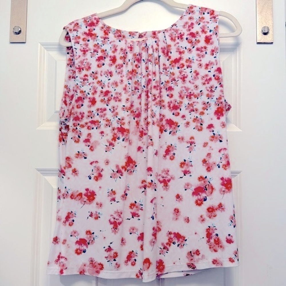 XL Pink & White Calvin Klein Pleated Jewel-Neck Sleeveless Shell Tank